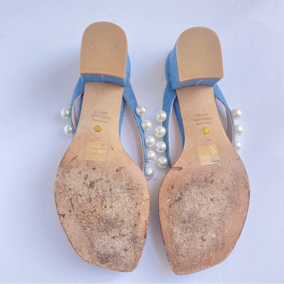 $450 STUART WEITZMAN Goldie 50 Pearly Stud Denim Sandals SLIDE THONG - Picture 3 of 5